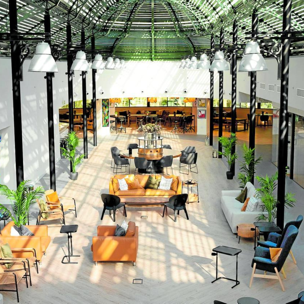 AbraCasaBra.se Ett rymligt, solbelyst coworking space med högt i tak i glas, moderna möbler som soffor, fåtöljer och bord, gröna växter och ett stort gemensamt arbetsområde i bakgrunden.